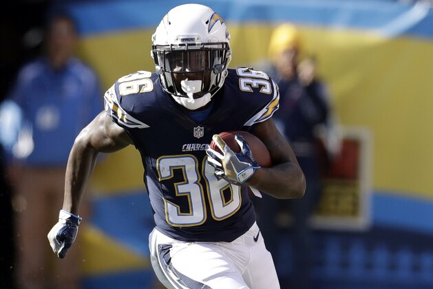 San Diego Chargers running back Ronnie Hillman (36) during an NFL football game against the Kansas City Chiefs Sunday, Jan. 1, 2017, in San Diego. (AP Photo/Rick Scuteri)