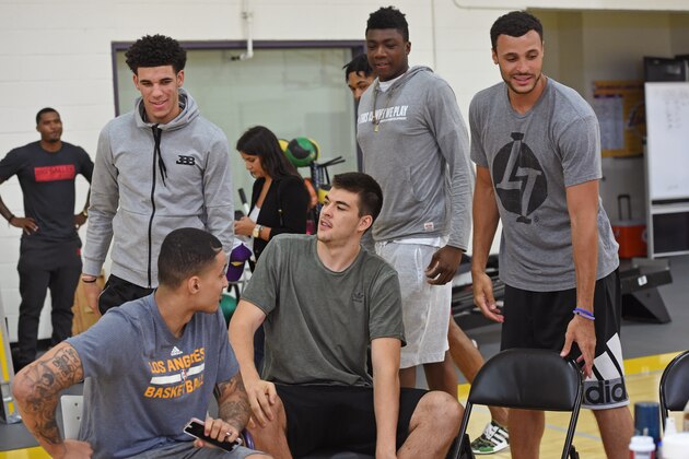 EL SEGUNDO, CA- JULY 18: Lonzo Ball #2, Ivica Zubac #40, Larry Nance Jr. #7, Kyle Kuzma #0 and Thomas Bryant #31 of the Los Angeles Lakers attend a press conference in El Segundo, California at the Toyota Sports Center on July, 18, 2017. NOTE TO USER: User expressly acknowledges and agrees that, by downloading and or using this photograph, User is consenting to the terms and conditions of the Getty Images License Agreement. Mandatory Copyright Notice: Copyright 2017 NBAE (Photo by Andrew D. Bernstein/NBAE via Getty Images) EL SEGUNDO, CA- JULY 18: Lonzo Ball #2, Ivica Zubac #40, Larry Nance Jr. #7, Kyle Kuzma #0 and Thomas Bryant #31 of the Los Angeles Lakers attend a press conference in El Segundo, California at the Toyota Sports Center on July, 18, 2017. NOTE TO USER: User expressly acknowledges and agrees that, by downloading and or using this photograph, User is consenting to the terms and conditions of the Getty Images License Agreement. Mandatory Copyright Notice: Copyright 2017 NBAE (Photo by Andrew D. Bernstein/NBAE via Getty Images)