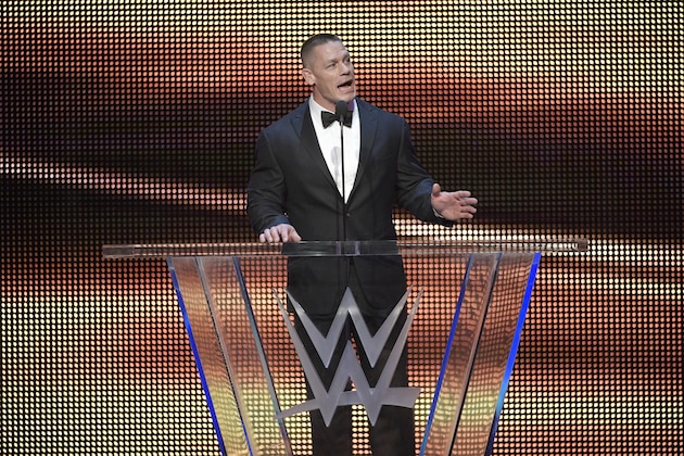 IMAGE DISTRIBUTED FOR WWE - John Cena inducts Kurt Angle into the WWE Hall of Fame as part of the WrestleMania 33 weekend during a ceremony on Friday, March 31, 2017, in Orlando, Fla. (Phelan M. Ebenhack/AP Images for WWE)
