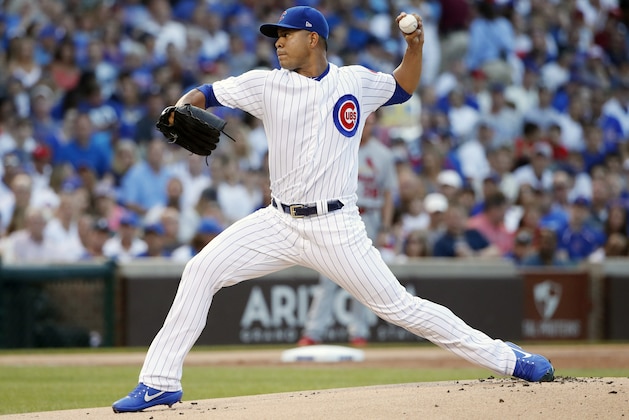 Chicago Cubs starting pitcher Jose Quintana delivers against the St. Louis Cardinals during the first inning of a baseball game, Sunday, July 23, 2017, in Chicago. (AP Photo/Kamil Krzaczynski)