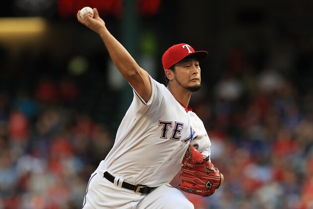 ARLINGTON, TX - JULY 26: Yu Darvish #11 of the Texas Rangers throws against the Miami Marlins in the second inning at Globe Life Park in Arlington on July 26, 2017 in Arlington, Texas. (Photo by Ronald Martinez/Getty Images) ARLINGTON, TX - JULY 26: Yu Darvish #11 of the Texas Rangers throws against the Miami Marlins in the second inning at Globe Life Park in Arlington on July 26, 2017 in Arlington, Texas. (Photo by Ronald Martinez/Getty Images)