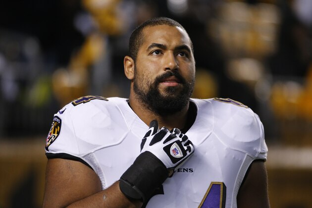 Baltimore Ravens guard John Urschel warms up before an NFL football game against the Pittsburgh Steelers Sunday, Nov. 2, 2014, in Pittsburgh. (AP Photo/Gene J. Puskar)