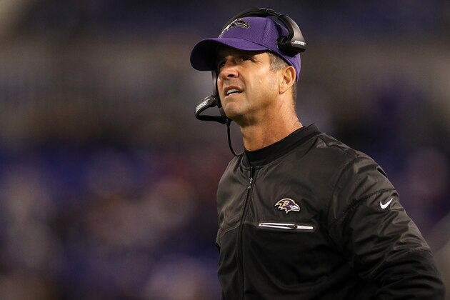 BALTIMORE, MD - NOVEMBER 10: Head coach John Harbaugh of the Baltimore Ravens looks on in the fourth quarter against the Cleveland Browns at M&T Bank Stadium on November 10, 2016 in Baltimore, Maryland. (Photo by Patrick Smith/Getty Images)