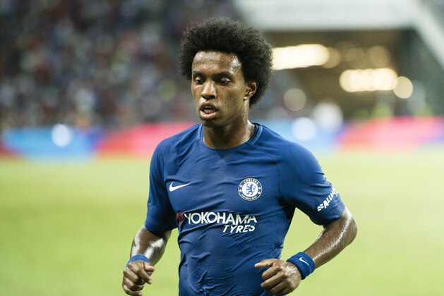 SINGAPORE, SINGAPORE - JULY 25: Chelsea Midfielder Willian da Silva in action during the International Champions Cup match between Chelsea FC and FC Bayern Munich at National Stadium on July 25, 2017 in Singapore. (Photo by Power Sport Images/Getty Images)