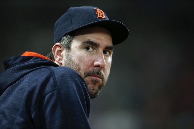 CLEVELAND, OH - JULY 09: Justin Verlander #35 of the Detroit Tigers stands in the dugout during the seventh inning against the Cleveland Indians at Progressive Field on July 9, 2017 in Cleveland, Ohio. (Photo by Ron Schwane/Getty Images)