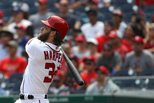 WASHINGTON, DC - JULY 27: Bryce Harper #34 of the Washington Nationals hits a home run during the first inning against the Milwaukee Brewers at Nationals Park on July 27, 2017 in Washington, DC. (Photo by Patrick Smith/Getty Images)