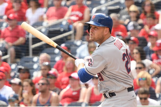 WASHINGTON, DC - JULY 04:  Lucas Duda #21 of the New York Mets takes a swing during a baseball game against the Washington Nationals at Nationals Park on July 4, 2017 in Washington, DC.  The Nationals won 11-4.  (Photo by Mitchell Layton/Getty Images)