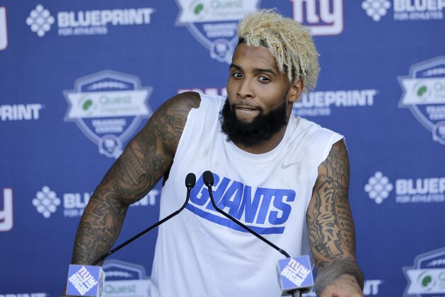 New York Giants' Odell Beckham, Jr. talks to reporters after NFL football practice in East Rutherford, N.J., Tuesday, June 13, 2017. (AP Photo/Seth Wenig)
