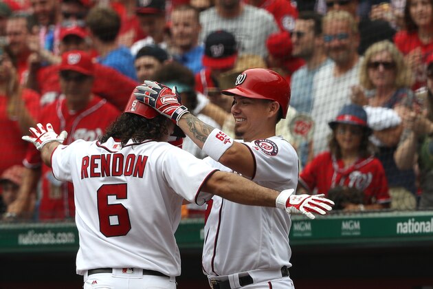 WASHINGTON, DC - JULY 27: Michael Taylor #3 of the Washington Nationals celebrates after hitting a home run against the Milwaukee Brewers during the third inning at Nationals Park on July 27, 2017 in Washington, DC. (Photo by Patrick Smith/Getty Images)