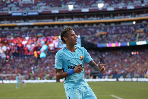 LANDOVER, MD - JULY 26: Neymar of FC Barcelona celebrates after scoring a goal to make it 1-0 during the International Champions Cup 2017 match between FC Barcelona and Manchester United at FedExField on July 26, 2017 in Landover, Maryland. (Photo by Robbie Jay Barratt - AMA/Getty Images)