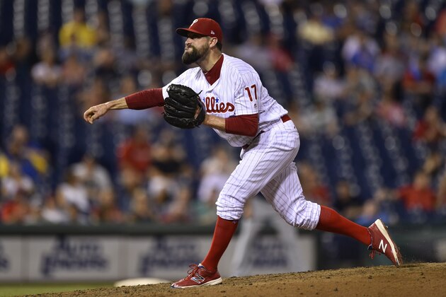 Philadelphia Phillies relief pitcher Pat Neshek throws during the eighth inning of a baseball game against the Milwaukee Brewers, Friday, July 21, 2017, in Philadelphia. The Phillies won 6-1. (AP Photo/Derik Hamilton)