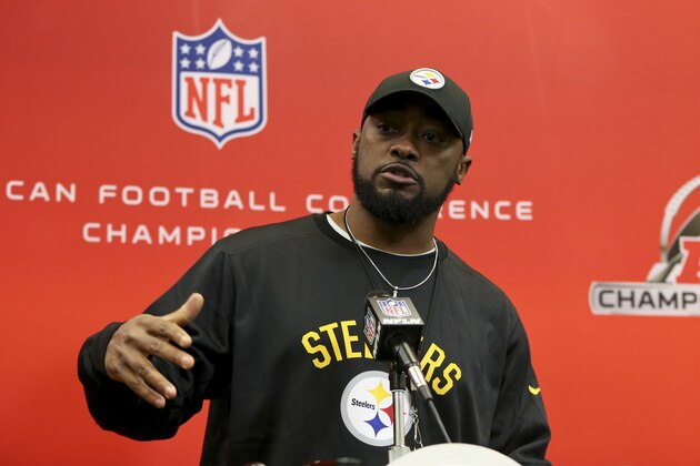 Pittsburgh Steelers head coach Mike Tomlin talks with reporters after their NFL football practice, Wednesday, Jan. 18, 2017, in Pittsburgh. The Steelers face the New England Patriots in the AFC conference championship on Sunday. (AP Photo/Keith Srakocic)
