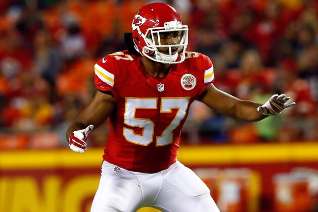 KANSAS CITY, MO - AUGUST 28:  Linebacker D.J. Alexander #57 of the Kansas City Chiefs in action during the preseason game against the Tennessee Titans at Arrowhead Stadium on August 28, 2015 in Kansas City, Missouri.  (Photo by Jamie Squire/Getty Images)