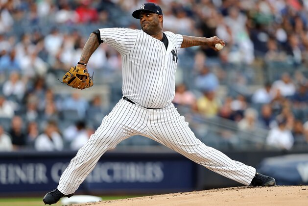 NEW YORK, NY - JULY 27:  CC Sabathia #52 of the New York Yankees delivers a pitch in the first inning against the Tampa Bay Rays on July 27, 2017 at Yankee Stadium in the Bronx borough of New York City.  (Photo by Elsa/Getty Images)