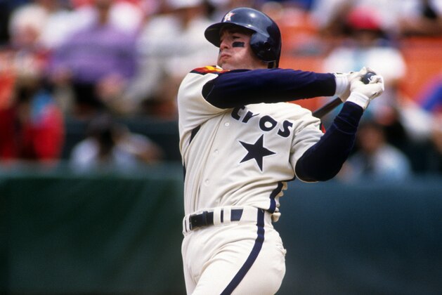 CHICAGO - UNDATED:  Jeff Bagwell of the Houston Astros bats during an MLB game versus the San Francisco Giants at Candlestick Park in San Francisco, California.  Bagwell played for the Astros from 1991-2005.  (Photo by Ron Vesely/MLB Photos via Getty Images)