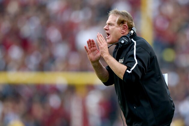 COLUMBIA, SC - NOVEMBER 23:  Head coach Joe Moglia of the Coastal Carolina Chanticleers reacts to a call during their game against the South Carolina Gamecocks at Williams-Brice Stadium on November 23, 2013 in Columbia, South Carolina.  (Photo by Streeter Lecka/Getty Images)