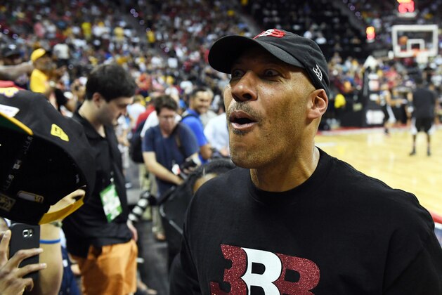 LAS VEGAS, NV - JULY 07:  LaVar Ball, father of Lonzo Ball #2 of the Los Angeles Lakers, jokes with fans at halftime of a 2017 Summer League game between the Lakers and the Los Angeles Clippers at the Thomas & Mack Center on July 7, 2017 in Las Vegas, Nevada. The Clippers won 96-93 in overtime. NOTE TO USER: User expressly acknowledges and agrees that, by downloading and or using this photograph, User is consenting to the terms and conditions of the Getty Images License Agreement.  (Photo by Ethan Miller/Getty Images)