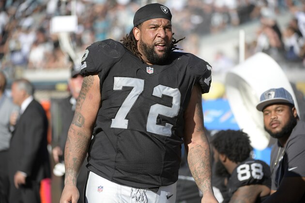 Oakland Raiders tackle Donald Penn (72) watches from the sideline during the second half of an NFL football game against the Jacksonville Jaguars in Jacksonville, Fla., Sunday, Oct. 23, 2016. The Raiders won 33-16. (AP Photo/Phelan M. Ebenhack)