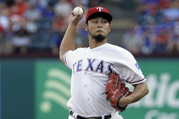 Texas Rangers starting pitcher Yu Darvish of Japan throws to the Miami Marlins in the first inning of a baseball game, Wednesday, July 26, 2017, in Arlington, Texas. (AP Photo/Tony Gutierrez)