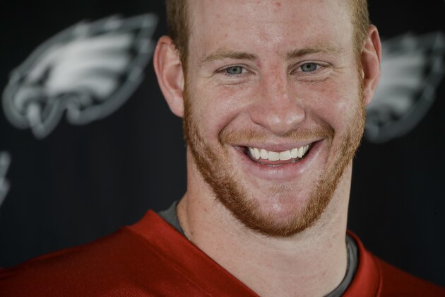 Philadelphia Eagles quarterback Carson Wentz speaks with members of the media during an NFL football training camp in Philadelphia, Tuesday, July 25, 2017. (AP Photo/Matt Rourke)