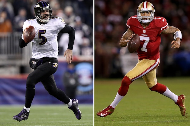 (FILE PHOTO) In this composite image a comparison has been made between quarterback Joe Flacco of the Baltimore Ravens and quarterback Colin Kaepernick of the San Francisco 49ers. The two quarterbacks will lead their teams in next month's Super Bowl XLVII. ***LEFT IMAGE***  FOXBORO, MA - JANUARY 22:   Joe Flacco #5 of the Baltimore Ravens runs with the ball against the New England Patriots during their AFC Championship Game at Gillette Stadium on January 22, 2012 in Foxboro, Massachusetts.  (Photo by Elsa/Getty Images) ***RIGHT IMAGE***  SAN FRANCISCO, CA - NOVEMBER 19: Colin Kaepernick #7 of the San Francisco 49ers in action against the Chicago Bears at Candlestick Park on November 19, 2012 in San Francisco, California. (Photo by Ezra Shaw/Getty Images)