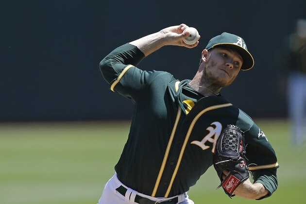 Oakland Athletics pitcher Sonny Gray works against the Tampa Bay Rays in the first inning of a baseball game Wednesday, July 19, 2017, in Oakland, Calif. (AP Photo/Ben Margot)