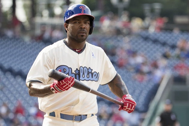 Philadelphia Phillies' Howie Kendrick looks on during the first inning of a baseball game against the Arizona Diamondbacks, Saturday, June 17, 2017, in Philadelphia. The Diamondbacks won 5-1. (AP Photo/Chris Szagola)