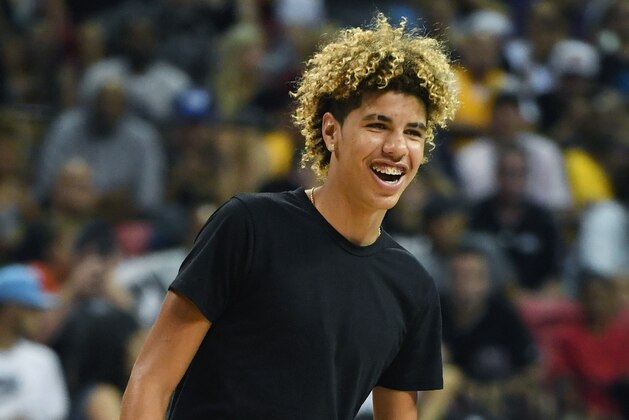 LAS VEGAS, NV - JULY 07:  LaMelo Ball, brother of Lonzo Ball #2 of the Los Angeles Lakers, takes part in a promotion during a timeout of a 2017 Summer League game between the Lakers and the Los Angeles Clippers at the Thomas & Mack Center on July 7, 2017 in Las Vegas, Nevada. The Clippers won 96-93 in overtime. NOTE TO USER: User expressly acknowledges and agrees that, by downloading and or using this photograph, User is consenting to the terms and conditions of the Getty Images License Agreement.  (Photo by Ethan Miller/Getty Images)