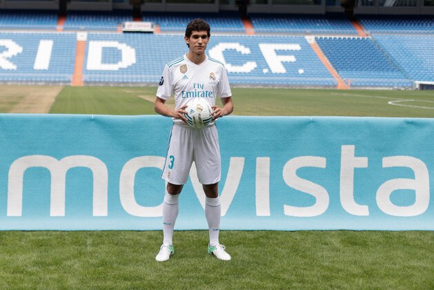 MADRID, SPAIN - JULY 07:  Real Madrid soccer player Jesus Vallejo is presented at Bernabeu stadium on July 7, 2017 in Madrid, Spain.  (Photo by Eduardo Parra/Getty Images)
