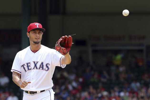 Texas Rangers starting pitcher Yu Darvish gets the ball returned to him as he works the first inning of a baseball game against the Los Angeles Angels in Arlington, Texas, Sunday, July 9, 2017.(AP Photo/ Richard W. Rodriguez) Texas Rangers starting pitcher Yu Darvish gets the ball returned to him as he works the first inning of a baseball game against the Los Angeles Angels in Arlington, Texas, Sunday, July 9, 2017.(AP Photo/ Richard W. Rodriguez)