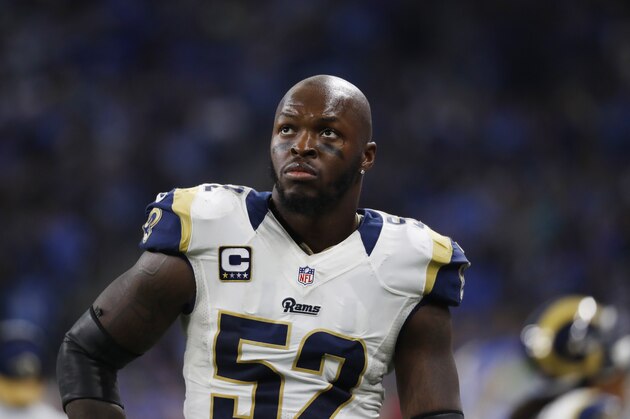 Los Angeles Rams middle linebacker Alec Ogletree is seen during the second half of an NFL football game against the Detroit Lions, Sunday, Oct. 16, 2016, in Detroit. (AP Photo/Paul Sancya)