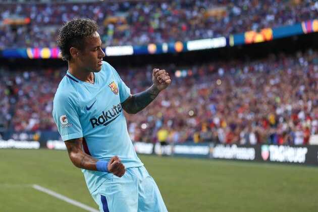 LANDOVER, MD - JULY 26: Neymar of FC Barcelona celebrates after scoring a goal to make it 1-0 during the International Champions Cup 2017 match between FC Barcelona and Manchester United at FedExField on July 26, 2017 in Landover, Maryland. (Photo by Robbie Jay Barratt - AMA/Getty Images)