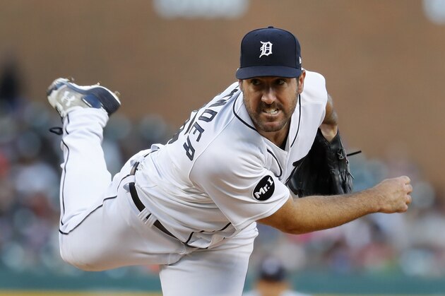 Detroit Tigers pitcher Justin Verlander throws against the Kansas City Royals in the fifth inning of a baseball game in Detroit, Monday, July 24, 2017. (AP Photo/Paul Sancya)