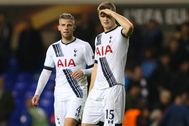 LONDON, ENGLAND - NOVEMBER 05:  Eric Dier of Tottenham Hotspur looks for someone in the crowd as he stands with Toby Alderweireld of Tottenham Hotspur after the UEFA Europa League match between Tottenham Hotspur and RSC Anderlecht on November 5, 2015 in London, United Kingdom.  (Photo by Catherine Ivill - AMA/Getty Images)