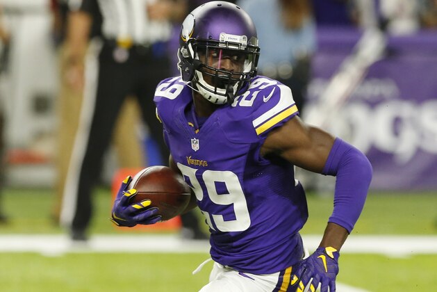 Minnesota Vikings cornerback Xavier Rhodes returns an interception during the second half of an NFL football game against the New York Giants Monday, Oct. 3, 2016, in Minneapolis. (AP Photo/Jim Mone)