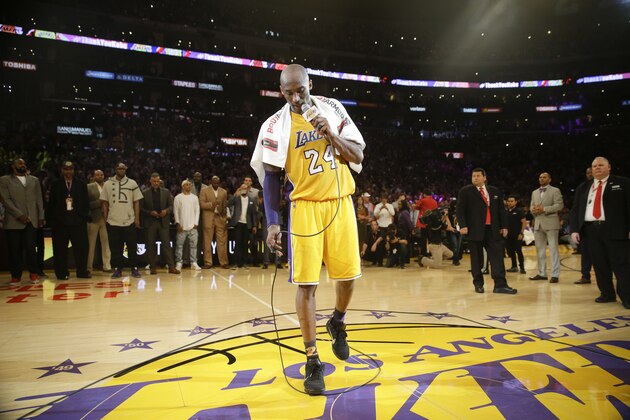 Los Angeles Lakers' Kobe Bryant looks downward while speaking after the last NBA basketball game of his career, against the Utah Jazz on Wednesday, April 13, 2016, in Los Angeles. Bryant scored 60 points as the Lakers won 101-96. (AP Photo/Jae C. Hong) Los Angeles Lakers' Kobe Bryant looks downward while speaking after the last NBA basketball game of his career, against the Utah Jazz on Wednesday, April 13, 2016, in Los Angeles. Bryant scored 60 points as the Lakers won 101-96. (AP Photo/Jae C. Hong)