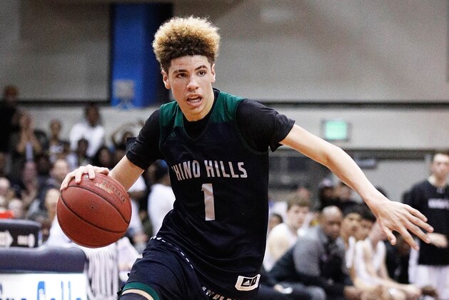 TORRANCE, CA - MARCH 14:  LaMelo Ball #1 of Chino Hills High School brings the ball down court during the game against Bishop Montgomery High School at El Camino College on March 14, 2017 in Torrance, California.  (Photo by Josh Lefkowitz/Getty Images)