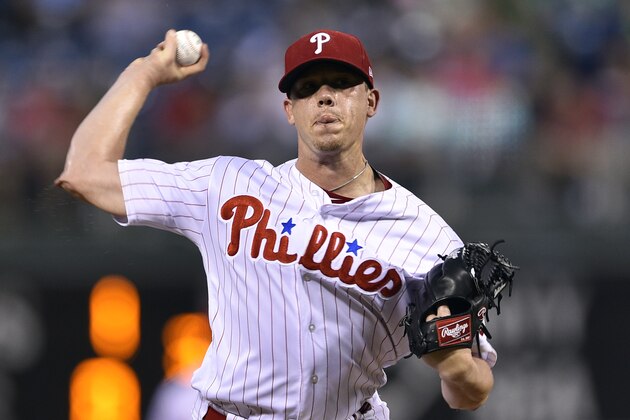 Philadelphia Phillies starting pitcher Jeremy Hellickson in action during a baseball game against the Milwaukee Brewers, Saturday, July 22, 2017, in Philadelphia. (AP Photo/Derik Hamilton)