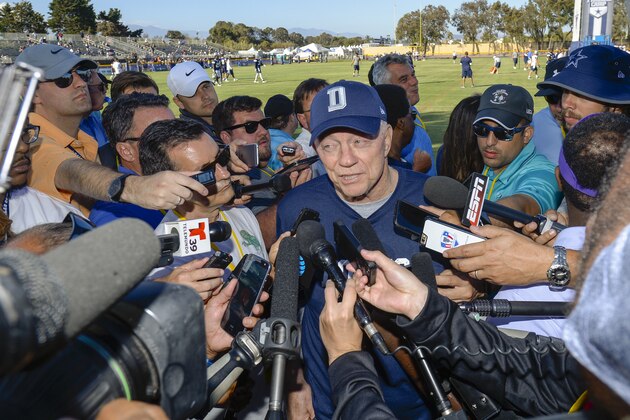 Dallas Cowboys owner Jerry Jones discusses the team's decision to release wide receiver Lucky Whitehead, after NFL football training camp in Oxnard, Calif., Tuesday, July 25, 2017. (AP Photo/Gus Ruelas)