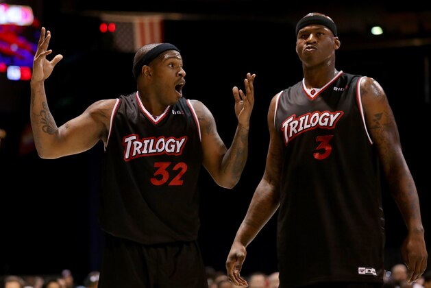 CHICAGO, IL - JULY 23:  Rashad McCants #32 and Al Harrington #3 of Trilogy react during the game against Tri-State during week five of the BIG3 three on three basketball league at UIC Pavilion on July 23, 2017 in Chicago, Illinois. (Photo by Streeter Lecka/BIG3/Getty Images)