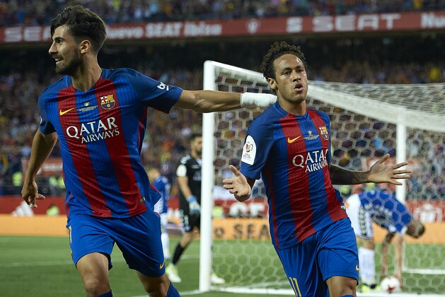 MADRID, SPAIN - MAY 27:  Neymar JR of Barcelona celebrates scoring his team's second goal with his team mate Andre Gomes (L) during the Copa Del Rey Final match between FC Barcelona and Deportivo Alaves at Vicente Calderon stadium on May 27, 2017 in Madrid, Spain.  (Photo by fotopress/Getty Images)