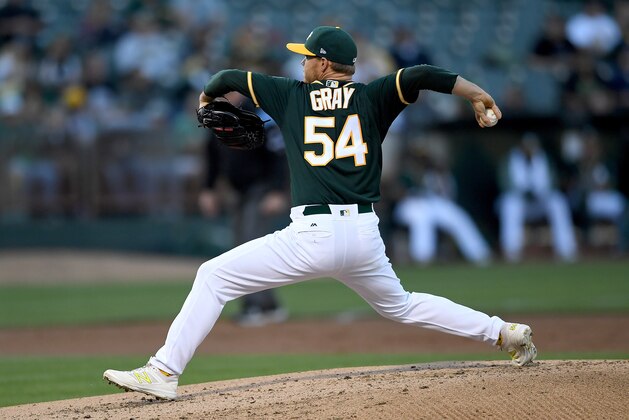 OAKLAND, CA - JULY 14:  Sonny Gray #54 of the Oakland Athletics pitches against the Cleveland Indians in the top of the second inning at Oakland Alameda Coliseum on July 14, 2017 in Oakland, California.  (Photo by Thearon W. Henderson/Getty Images)