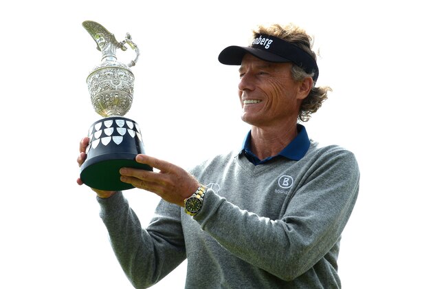 BRIDGEND, WALES - JULY 30:  Bernhard Langer of Germany holds the Senior Claret Jug following his victory during the final round of the Senior Open Championship presented by Rolex at Royal Porthcawl Golf Club on July 30, 2017 in Bridgend, Wales.  (Photo by Richard Martin-Roberts/Getty Images)