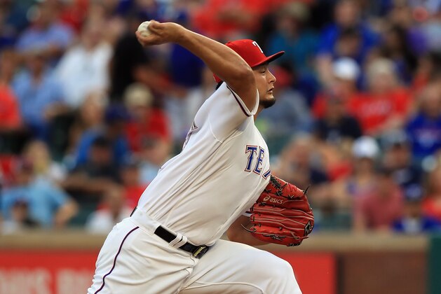 ARLINGTON, TX - JULY 26:  Yu Darvish #11 of the Texas Rangers throws against the Miami Marlins in the fourth inning at Globe Life Park in Arlington on July 26, 2017 in Arlington, Texas.  (Photo by Ronald Martinez/Getty Images)
