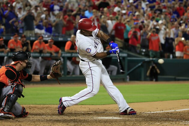 ARLINGTON, TX - JULY 29: Adrian Beltre #29 of the Texas Rangers hits into a double play against the Baltimore Orioles during the ninth inning at Globe Life Park in Arlington on July 29, 2017 in Arlington, Texas. The Orioles won 4-0. (Photo by Ron Jenkins/Getty Images)