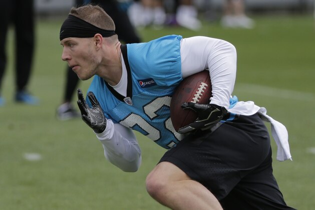 Carolina Panthers' Christian McCaffrey (22) runs during the NFL football team's rookie camp in Charlotte, N.C., Friday, May 5, 2017. (AP Photo/Chuck Burton)
