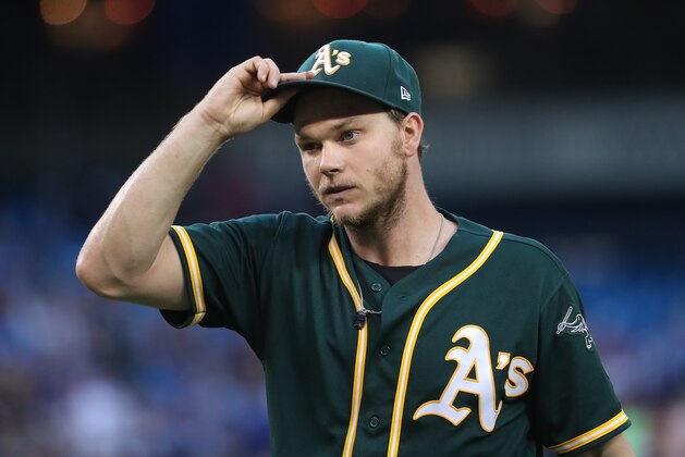 TORONTO, ON - JULY 25: Sonny Gray #54 of the Oakland Athletics walks to his dugout after retiring the side in the third inning during MLB game action against the Toronto Blue Jays at Rogers Centre on July 25, 2017 in Toronto, Canada. (Photo by Tom Szczerbowski/Getty Images)