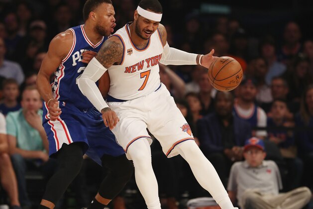 NEW YORK, NY - APRIL 12:  Carmelo Anthony #7 of the New York Knicks posts up against Justin Anderson #23 of the Philadelphia 76ers at Madison Square Garden on April 12, 2017 in New York City. NOTE TO USER: User expressly acknowledges and agrees that, by downloading and or using this Photograph, user is consenting to the terms and conditions of the Getty Images License Agreement  (Photo by Elsa/Getty Images)