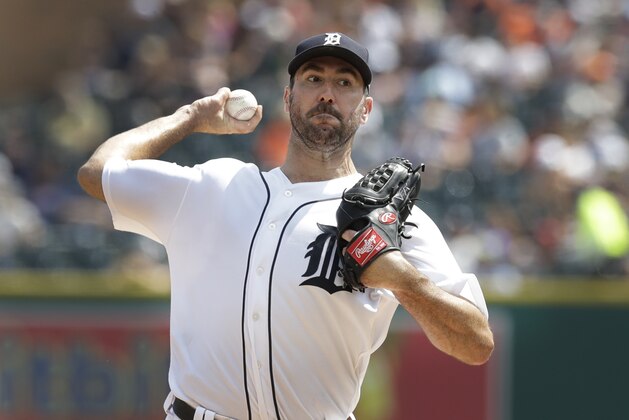Detroit Tigers starting pitcher Justin Verlander throws during the sixth inning of a baseball game against the Houston Astros, Sunday, July 30, 2017, in Detroit. (AP Photo/Carlos Osorio)