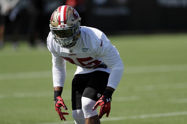 San Francisco 49ers safety Eric Reid (35) runs through drills during the NFL team's football training camp Friday, July 28, 2017, in Santa Clara, Calif. (AP Photo/Marcio Jose Sanchez)